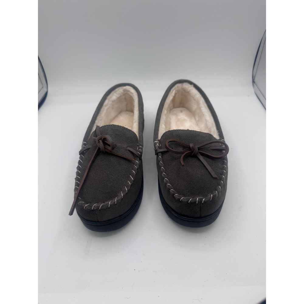 Isotoner Suede Moccasin Slippers Faux Fur Lined Mens 7.5-8 Grey Indoor Outdoor